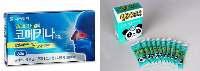 항히스타민과 슈도에페드린 복합제는 항공성 중이염 예방에 도움을 줄 수 있다. 단, 비염 여부에 따라 효과는 차이가 있을 수 있다.  /대웅제약, 동아제약 제공