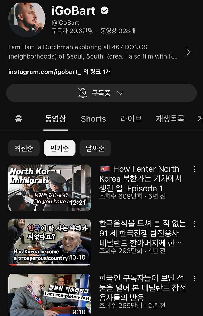 아이고바트 채널 인기 영상. 북한여행과 참전 용사 콘텐츠가 상위권이다. 유튜브
