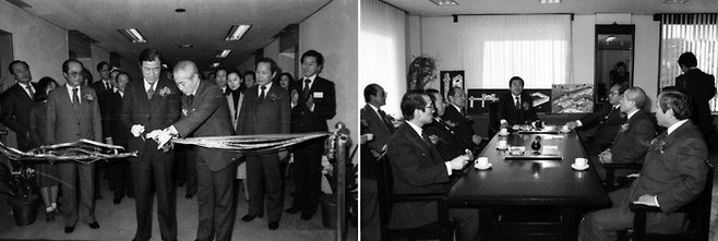 1980년 2월 서울지하철건설 주식회사 현판식이 열리고 있다. 이날 현판식에는 정상천 서울시장을 비롯해 박우식 서울지하철건설 주식회사장, 23개 건설회사 대표 등이 참석했다. [서울기록원]