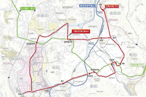 대전 도시철도 2호선 트램 노선도(빨간색).