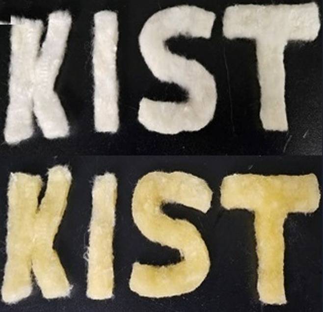 한국과학기술연구원(KIST) 물자원순환연구단 최재우 박사팀이 섬유형 흡착제를 'KIST' 모양으로 만들어 사용할 수 있다. 아래 사진에는 흡착제를 사용한 뒤 노랗게 금이 달라붙어 있다. KIST 제공