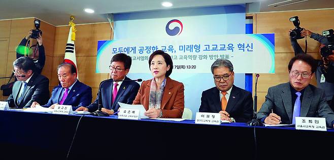 지난 2019년 11월7일 당시 유은혜 사회부총리 겸 교육부 장관(왼쪽 넷째)이 서울 세종로 정부서울청사에서 고교학점제가 전면 시행되는 2025년부터 자율형사립고·외국어고·국제고를 일반고로 ‘일괄 전환’ 하는 ‘고교서열화 해소 및 일반고 교육역량 강화 방안’을 발표하고 있다. 강창광 선임기자