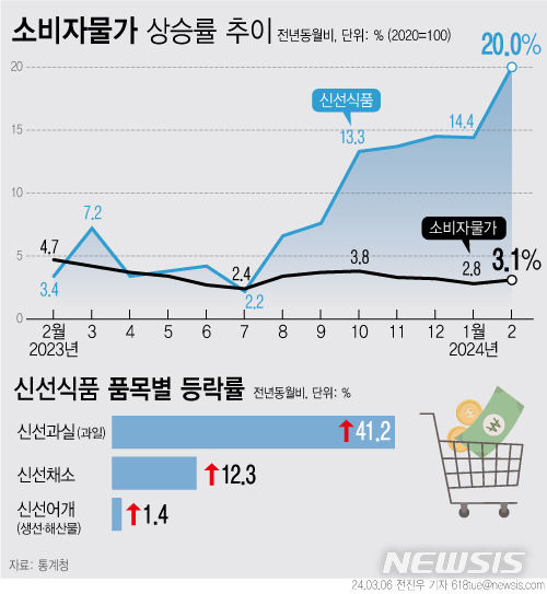 [서울=뉴시스] 6일 통계청에 따르면 지난달 신선식품지수가 지난해 같은 달보다 20.0% 올랐다. 특히 과일류인 신선과실이 41.2% 올라 1991년 9월(43.9%) 이후 32년 5개월 만에 최대 상승폭을 기록했다. (그래픽=전진우 기자) 618tue@newsis.com