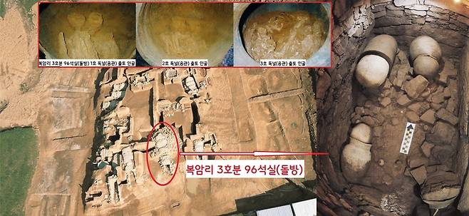 복암리 3호분 96석실(돌방)의 모습.  그 돌방에 안장된 독널 3곳에서 인골들이 출토됐다.|국립나주문화재연구소 제공