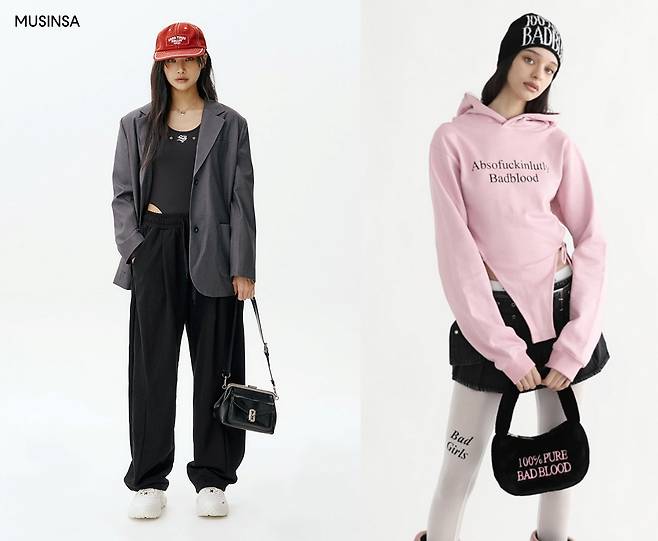 무신사에서 최근 소개한 바디수트 수영복을 활용한 코디룩(왼쪽). 오른쪽은 지난 가을겨울 시즌 상품으로 나왔던 후디형 바디수트. [무신사 캡처]