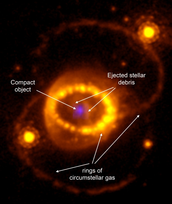 초신성 SN 1987A의 잔해. Credit: Hubble Space Telescope WFPC-3/James Webb Space Telescope NIRSpec/J. Larsson