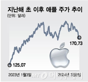 지난해 초 이후 애플 주가 추이/그래픽=최헌정