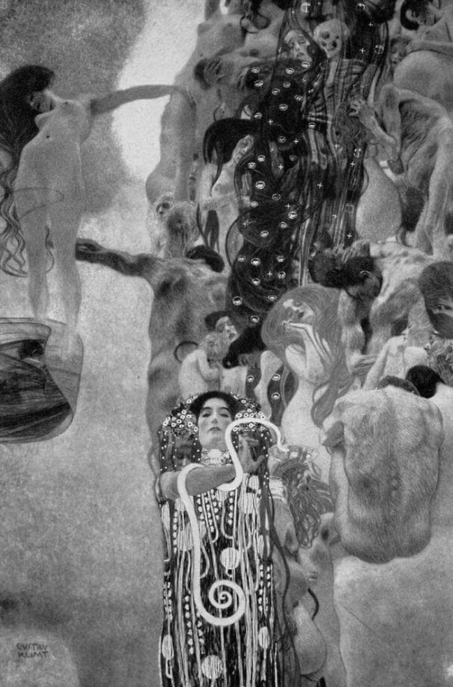 구스타프 클림트, 의학, 1900~1907년(그림 확대). 1945년 5월에 임멘도르프성의 화재로 소실. 의학의 힘이 무력하다는 것을 너무나 잘 알고 있었던 클림트였던 것 같다. 의학 스케치에는 시체와 해골이 그려져 있다.