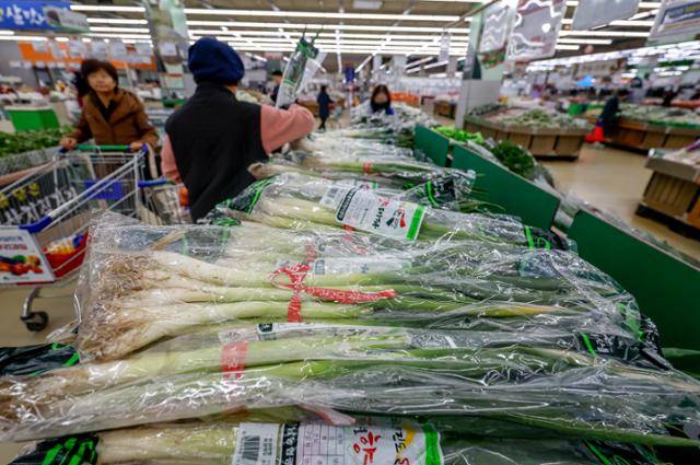 7일 서울시내 대형마트를 찾은 시민들이 가격이 오른 대파를 살펴보고 있다. 뉴시스