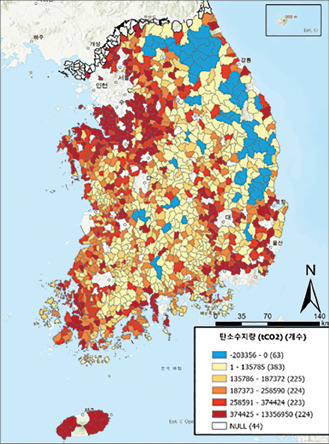 전국 1391개 읍·면의 탄소수지지도. 색이 붉을수록 탄소배출량이 흡수량보다 많다. 푸른색으로 표시된 곳은 흡수량이 배출량보다 많은 지역이다. 고려대 오정리질리언스연구원