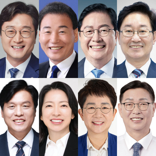 4·10 총선과 대전 중구청장 재선거에 출마하는 더불어민주당 대전지역 출마 후보들. (왼쪽부터 시계방향) 장철민(동구), 박용갑(동구), 장종태(서구갑), 박범계(서구을), 김제선(중구청장), 박정현(대덕구), 황정아(유성구을), 조승래(유성구갑) 후보. 더불어민주당 대전시당 제공