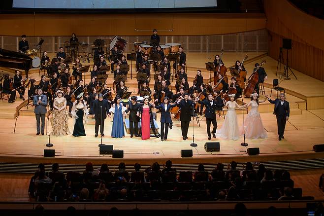 The performers and creative team of "The Best Sopranos" concert greet the audience after their performance at Lotte Concert Hall in eastern Seoul on Monday. (Korea ARTS Group)