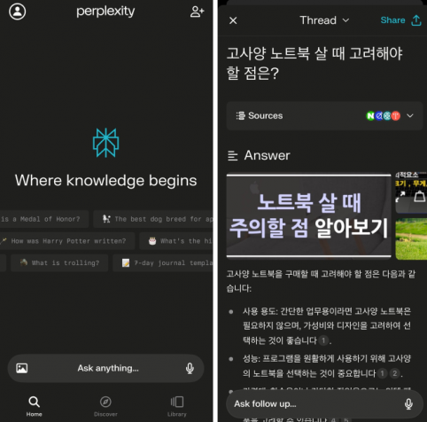 (좌) iOS용 퍼플렉시티 메인 화면, (우) 답변 내용