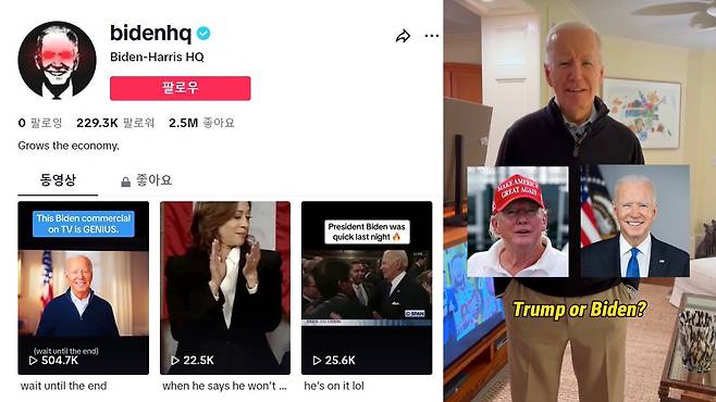 바이든 대통령의 선거 홍보용 ‘틱톡’ 계정(좌)과 ‘틱톡’에 올린 첫 번째 영상(우). 좌측 상단의  눈에서 레이저빔을 쏘는 이미지가 ‘다크 브랜던’.
