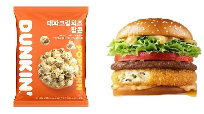 SPC 던킨 대파크림치즈팝콘(왼쪽)과 맥도날드 진도 대파 크림 크로켓 버거. [각 사 제공]