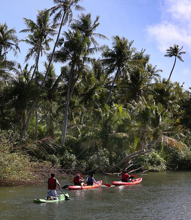 투몬비치에 있는 수십개의 호텔·리조트에만 머물며 괌을 ‘여행’했던 이들이 최근 색다른 체험에 눈길을 주고 있다. 정글 투어가 대표적이다. 탈로포포강을 카약을 타고 여행하고 있는 한국인 관광객 모습. 박미향 기자