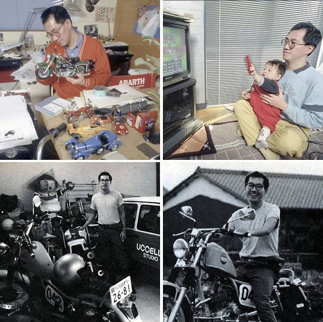 모형 만들기와 바이크를 좋아했던, 디자인한 캐릭터들이 등장하는 ‘드래곤퀘스트’게임을 아들에게 보여주고 있는 토리야마  [@akira.toriyama]