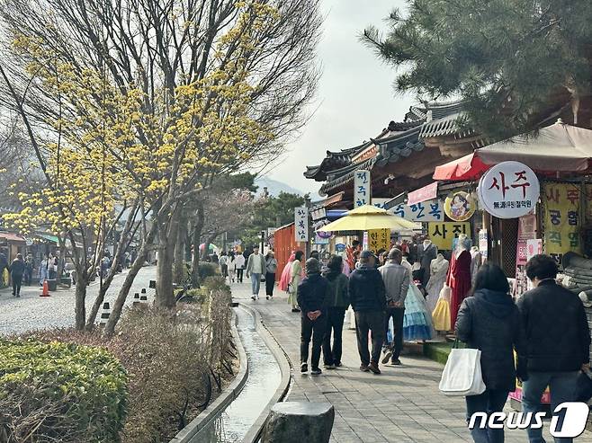 17일 전북자치도 전주한옥마을을 찾은 관광객들이 따듯한 봄 날씨를 만끽하고 있다.2024.3.17/뉴스1 ⓒ News1 김경현 기자