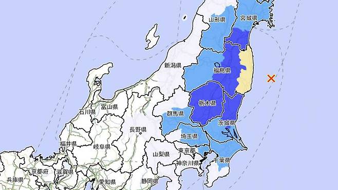 3월 17일 후쿠시마현 해역 지진 발생 지점 [일본 기상청 홈페이지 캡처]