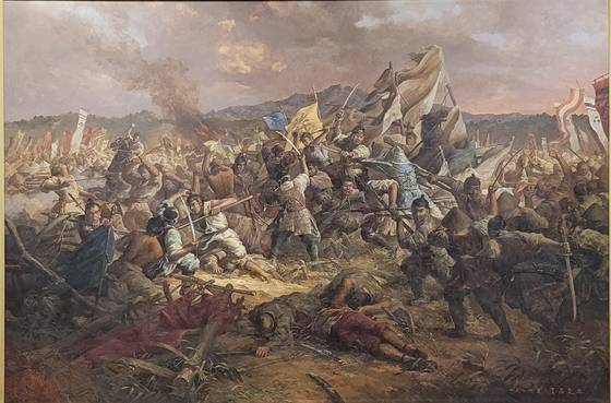 단색화 대가 정창섭이 이런 스타일 그림을? 정창섭의 민족기록화 '조헌 의병장의 금산전투'(1976) 서울 용산 전쟁기념관 소장 [사진 문소영]