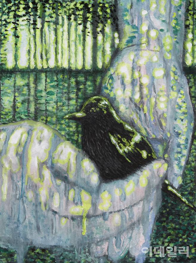 황예랑 ‘숨을 참는 버릇’(2024·19.5×25㎝), 한지에 먹·백묵·동양화물감(사진=페이지룸8)