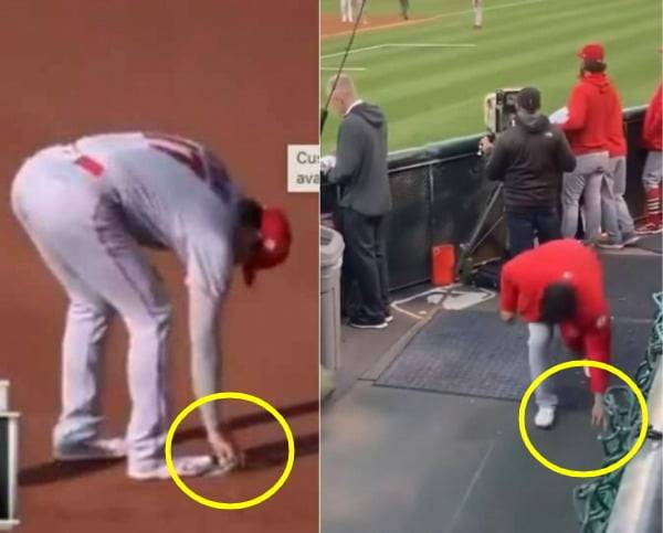 경기장에 떨어진 쓰레기를 줍는 오타니. /사진=X, 인스타그램 캡처