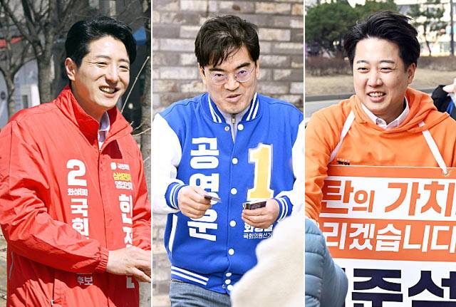 4·10 총선 경기 화성을에 출마한 한정민 국민의힘 후보가 13일 동탄신도시 거리에서 지역주민을 만나 인사하고 있다(왼쪽 사진). 공영운 더불어민주당 후보가 같은 장소에서 선거 유세를 하며 명함을 건네고 있다(가운데 사진). 이준석 개혁신당 대표가 ‘동탄의 가치를 올리겠다’는 팻말을 목에 걸고 주민과 악수하고 있다. 화성=권현구 기자