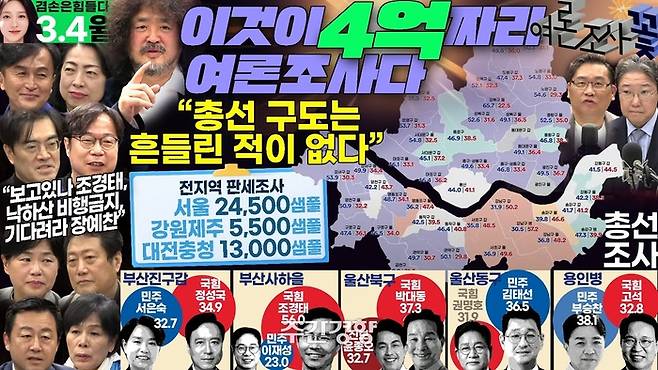 겸손은힘들다 뉴스공장 은 지난 3월 5일  서울 지역 선거구별 조사 결과에 기초한 여론조사꽃 판세조사 결과를 발표했다. /유튜브 캡처