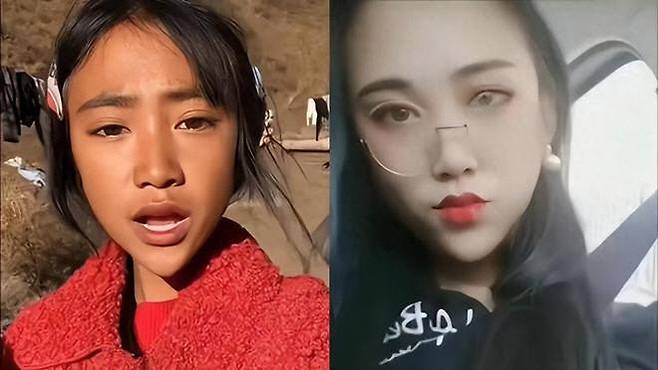 중국에서 왕훙으로 활동하다가 허위 광고 혐의로 징역형을 받게 된 ‘산골 처녀’ 랑샨 모우. 왼쪽 사진은 영상에서 나오는 수수한 차림이지만 오른쪽은 화려한 모습이다. (사진=바이두 홈페이지 화면 갈무리)