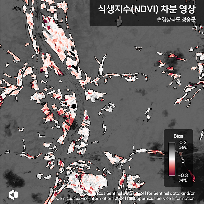 나라스페이스 어스페이퍼팀이 지난해와 2022년 위성 영상을 활용해 경북 청송군의 식생지수를 분석한 뒤 차이를 이용해 변화를 분석했다./나라스페이스