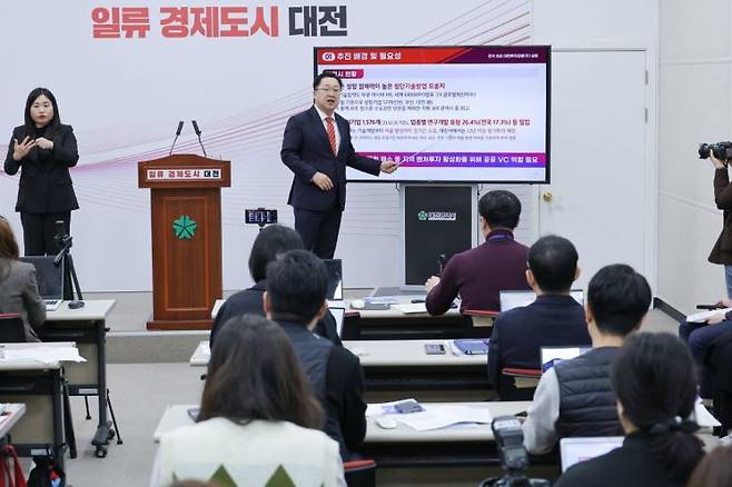 이장우 대전시장이 21일 대전투자금융(주) 설립에 대해 브리핑하고 있다. / 대전시