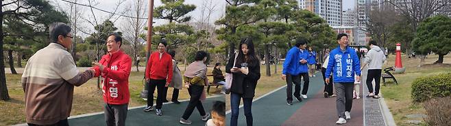 지난 17일, 부산 남구 대연동에 위치한 UN평화공원에서 박수영(초선·부산 남갑) 의원과 박재호(재선·부산 남을) 의원이 마주쳤다. 사진은 각각 주민들을 만나는 두 의원들. /박지영 기자