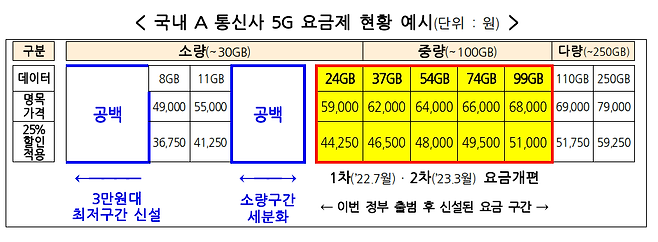 국내 통신사 5G 요금제 현황 예시. /과기정통부 제공