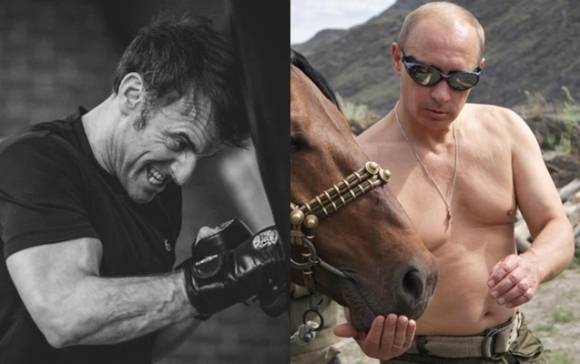 ‘우크라이나 파병론’ 논란을 일으킨 에마뉘엘 마크롱 프랑스 대통령 측근이 19일(현지시간) 공개한 사진. 소아지그 드 라 므와소니에 인스타그램/오른쪽은 2009년 8월 3일 시베리아 남부 키질 마을 외곽에서 휴가를 즐기던 중 웃통을 벗은 채 말을 돌보는 블라디미르 푸틴 러시아 대통령. AFP 자료사진