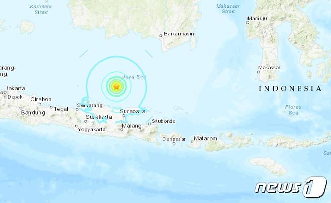 인도네시아 자바섬 인근 해역에서 규모 6.4 지진이 발생했다. <출처=미 지질조사국>