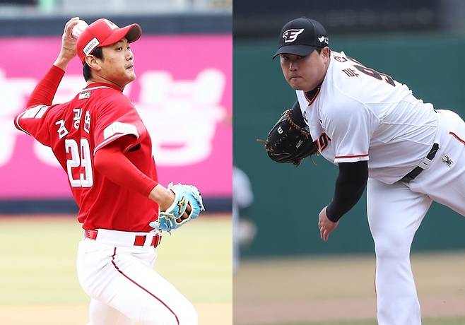‘국대 에이스’ SSG 김광현(왼쪽)과 한화 류현진이 2024프로야구 개막전에 나란히 선발로 출격한다. 사진 | SSG, 한화