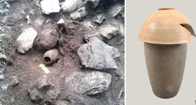 대전리 산성 성벽에서 발굴된 유물(왼쪽 사진)과 해당 유물을 복원해 놓은 사진. 고려문화재연구원
