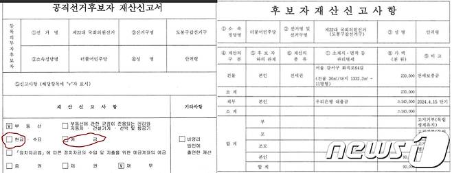 더불어민주당 안귀령 서울 도봉갑 후보의 재산 신고 내역. 현금과 예금이 전혀 없다고 밝혔다. (중앙선관위 갈무리)  ⓒ 뉴스1