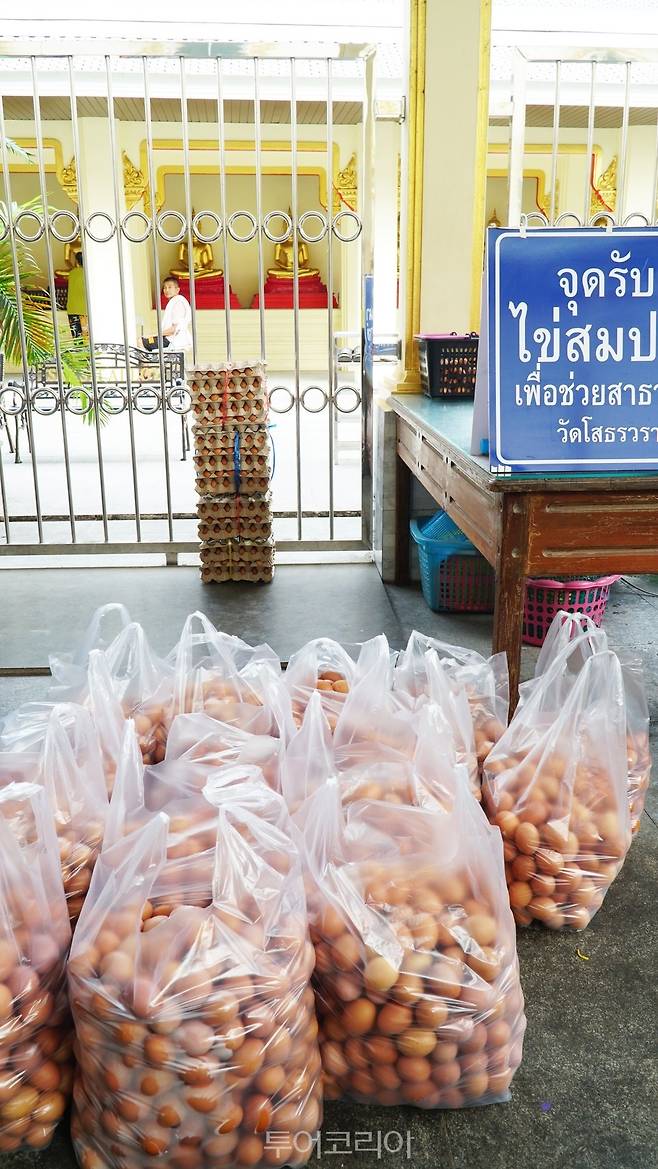 엄청난 양의 삶은 계란을 시주하는 왓 소턴 방문객들 (사진. 김관수)