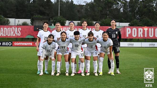 체코와 평가전서 2-1 승리 후 기념촬영하는 여자축구대표팀