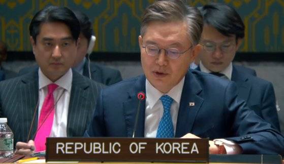 황준국 주유엔대사가 지난 1월 미국 뉴욕 유엔본부에서 열린 유엔 안보리 공식 회의에서 발언하는 모습. 연합뉴스