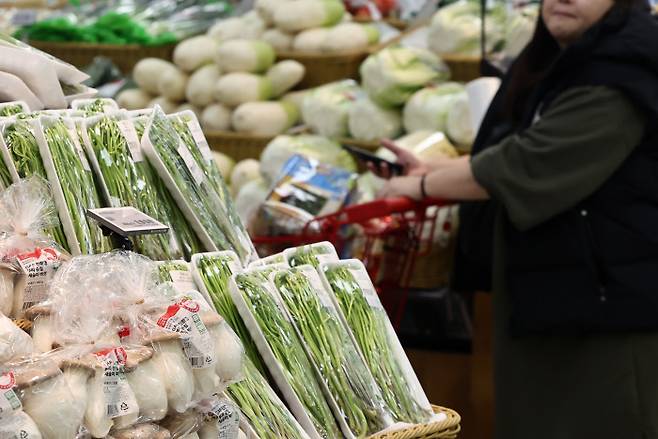26일 오후 서울의 한 대형마트 농산물 매대에서 소비자가 제품을 살펴보고 있다. 연합뉴스