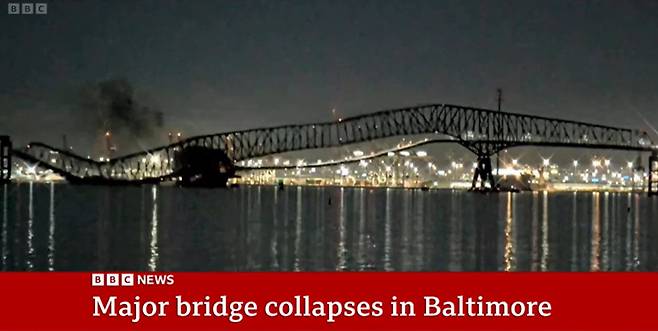 볼티모어 다리 붕괴 장면 갈무리. 사진=BBC방송