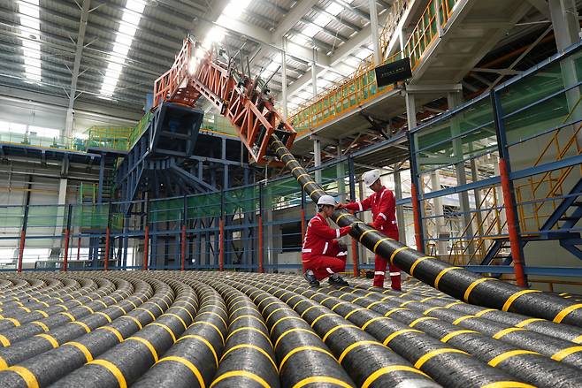 LS전선 관계자들이 해저케이블을 점검하고 있다. [LS전선 제공]