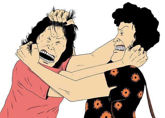 웹툰 '엄마들'에서 주인공 소연(왼쪽)이 꽃집 여자와 남자 친구를 두고 싸우는 장면. /카카오엔터테인먼트