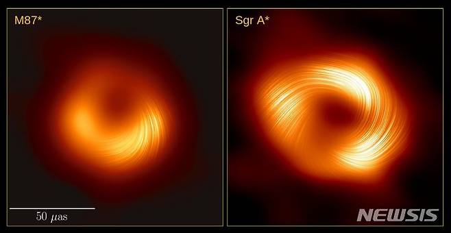 [서울=뉴시스]2021년 공개한 M87 은하 중심에 있는 초대질량블랙홀의 편광 영상(왼쪽)과 이번에 공개한 우리은하 중심에 있는 초대질량 블랙홀 편광 영상. (사진=천문연 제공)