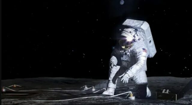 달 표면에 실험 장비를 배치하는 아르테미스 3호 우주비행사를 상상한 이미지 (사진=NASA)