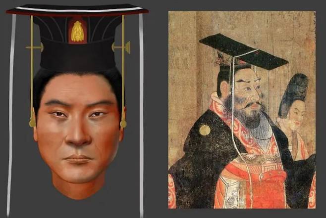 6세기 중국 무제(武帝)의 얼굴 복원도(왼쪽)와 7세기에 그려진 '역대제왕도'의 무제./원우(文物)산시 위챗 계정