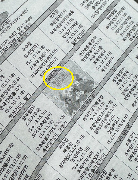 제22대 국회의원 선거를 앞두고 대전의 한 초등학교에서 배포한 급식 식단표에 특정 정당이 연상되는 이미지가 담겨 있다. 트위터 갈무리