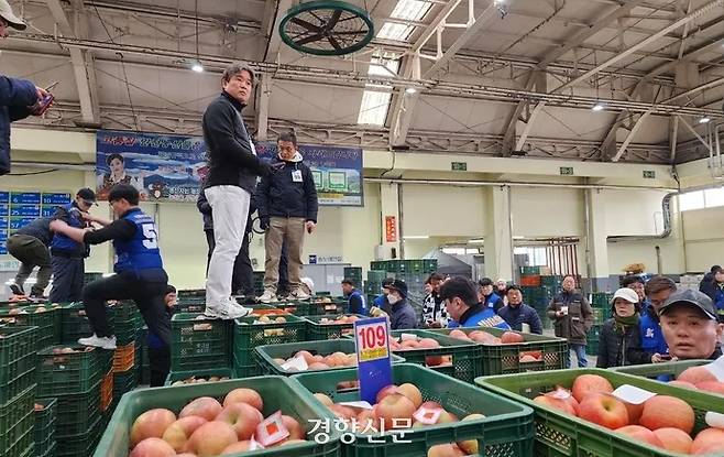 Apples are being auctioned at the Andong Nonghyup Agricultural Products Fair on the morning of the 27th. Kim Hyun-soo